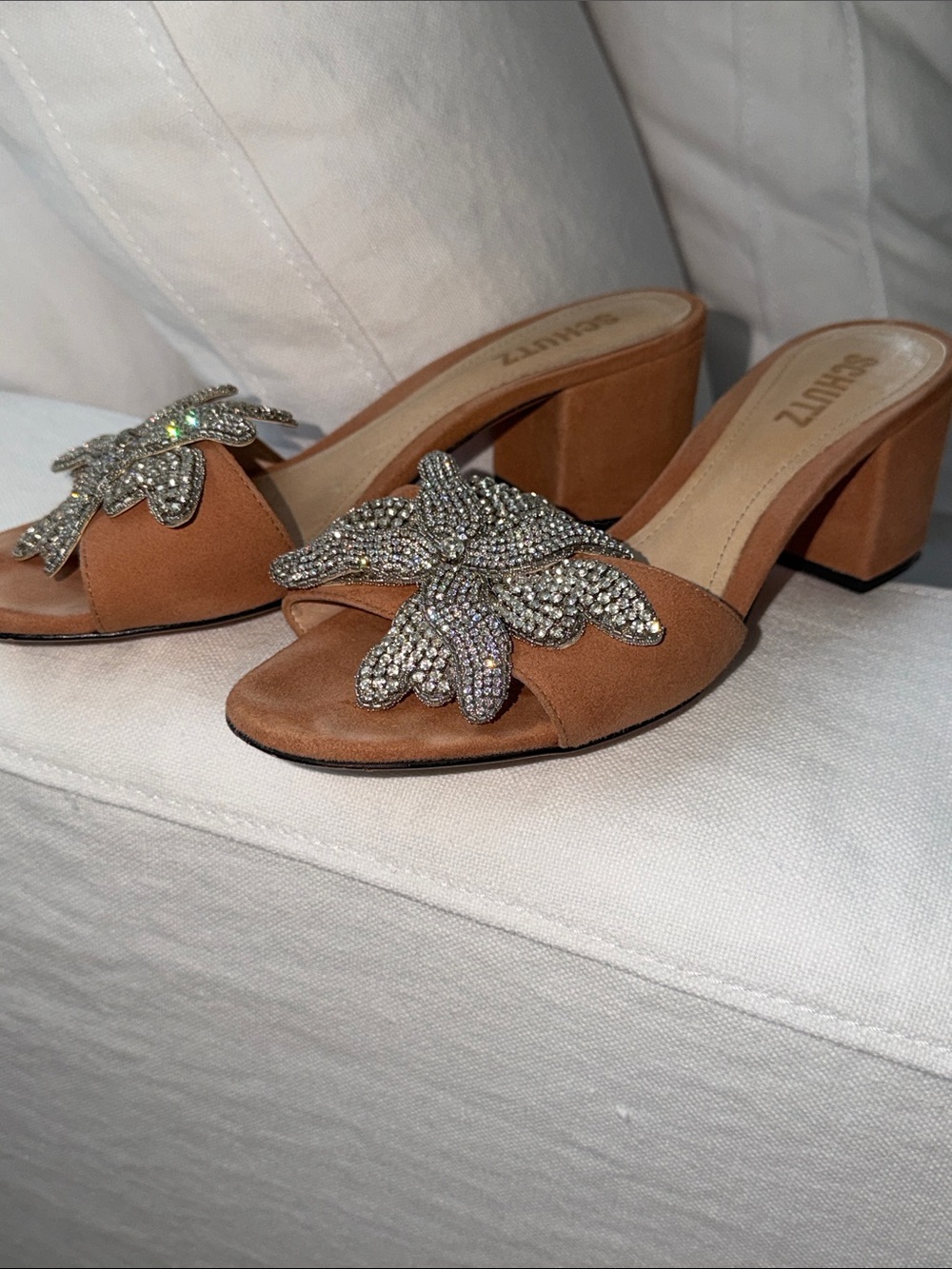 Schutz Ayanne Jeweled Flower Suede Block Heel Mule Sandals - Picture 3 of 5
